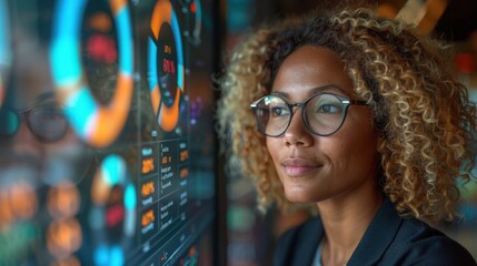 Professional businesswoman analyzing complex data visualizations on a large digital screen for business intelligence insights