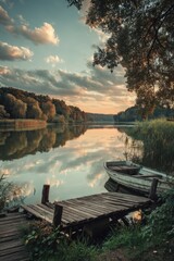 Serene Lake Scene at Sunset with Wooden Dock and Boat Reflecting Sky and Trees in Calm Water