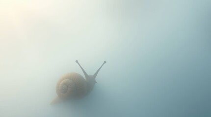Snail slowly emerging from fog symbolizing patience and determination