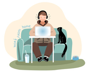 A man works with a laptop. Work from home                               