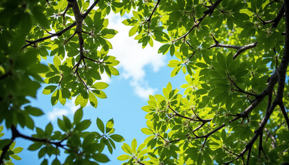 Fototapeta premium Sunlight filters through green leaves under a blue sky
