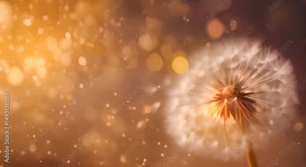 Poster fluffy dandelion seeds against a warm brown gradient background with soft bokeh light copy space bac