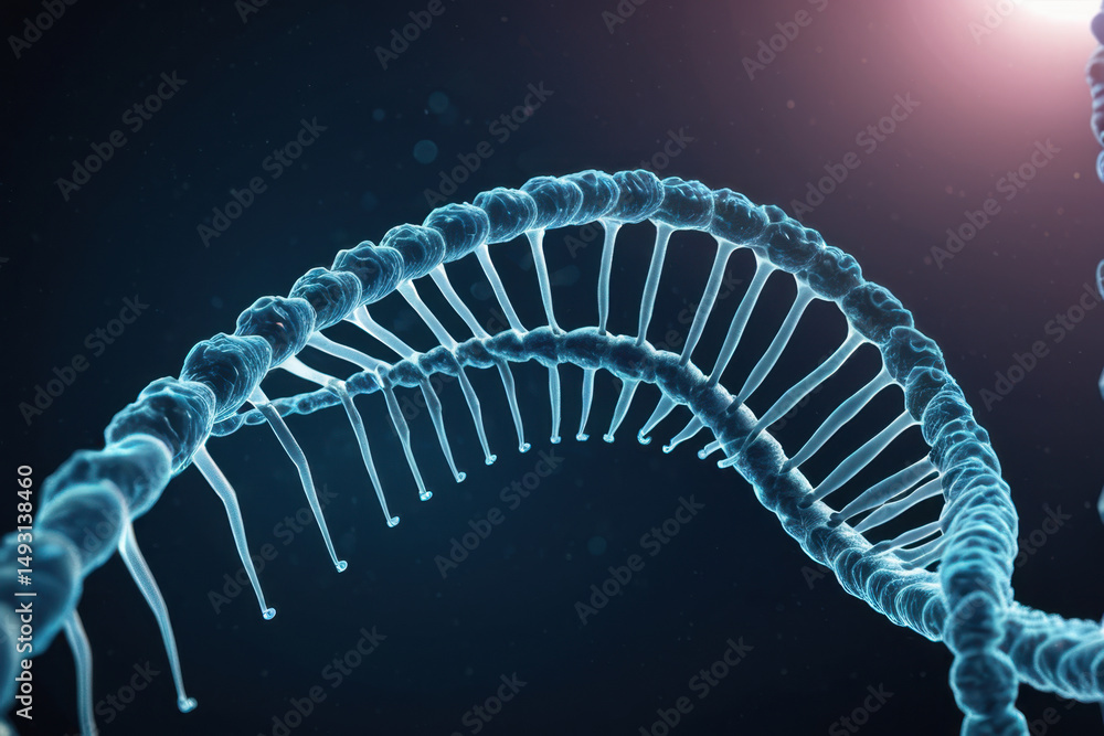 Poster a close-up view of a single dna strand, showing its twisted structure