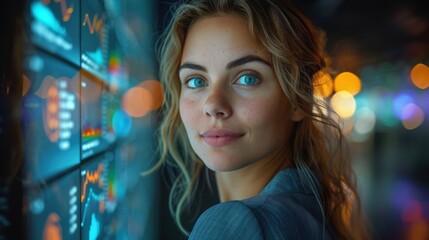 Futuristic professional businesswoman presenting financial data on a digital interface, conceptualizing innovation and AI.