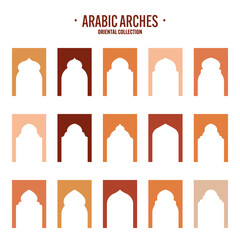 Islamic frames, oriental style objects. Arabic shapes, windows and arches. Traditional ornamental banner, frame. Muslim holidays, Ramadan Kareem. Modern eastern architecture. Vector illustration