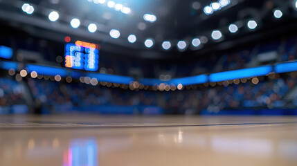 Vibrant sports arena with blurred view of court and bright lights, creating energetic atmosphere for fans