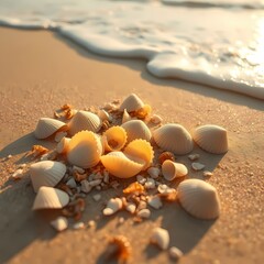 Golden seashells glisten on a sun-kissed beach, creating a warm, inviting summer coastline background with soft ocean waves and a serene panoramic vista.