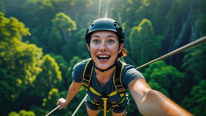 Thrill-seeking young woman smiles joyfully while ziplining through a lush green forest. The vibrant colors and adventurous spirit shine through.