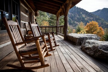 Obraz premium Cozy cabin porch with rocking chairs and a mountain view.