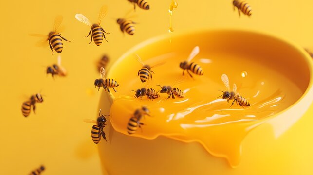 Honeyed yellow bowl surrounded by buzzing bees.