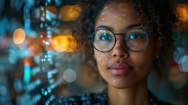 Focused businesswoman with glasses analyzing digital data, illuminated by vibrant city lights and glowing code.