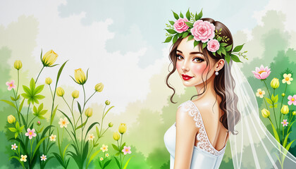 Bride smiling with a flower crown in a blooming meadow, wedding joy
