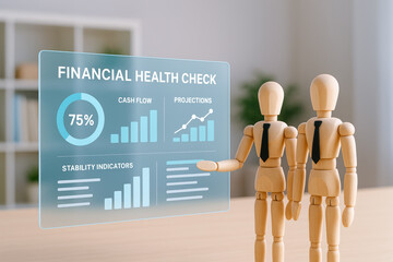 Two wooden mannequins analyze digital display showing financial health check data, symbolizing management and growth wealth and financial