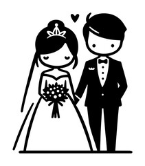 cute wedding couple cartoon silhouette vector for engraving and print