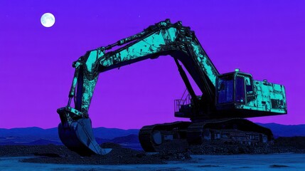 Excavator at Night Under a Full Moon