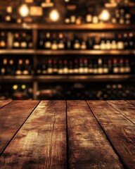 Rustic wooden table top with blurred wine cellar background product placement shot in restaurant bar