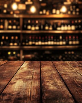 Rustic wooden table top with blurred wine cellar background product placement shot in restaurant bar