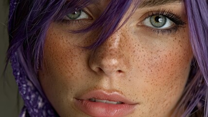 Fototapeta premium Close-Up Portrait of a Woman with Violet Hair and Freckles Sparkling with Glitter