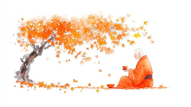 Serene Monk Under Maple Tree, a peaceful watercolor scene of a monk enjoying matcha with falling orange leaves, soft brush strokes, isolated on white, clipart design