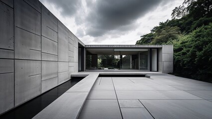 Fototapeta premium Modern concrete home with expansive glass walls, showcasing a minimalist design and serene atmosphere. The neutral color palette creates a sense of calm and sophistication.