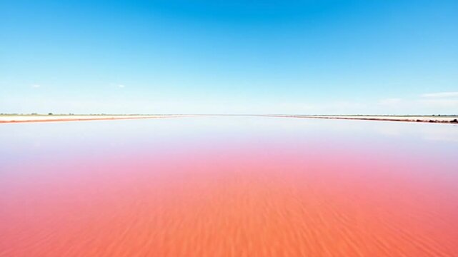 Vibrant red salt flats shimmering under a clear blue sky at midday