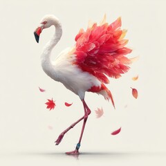 Stylized flamingo in dancing pose, white background with floating feathers and leaves, single-piece product ready, feathers floating white background