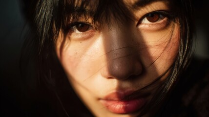 Fototapeta premium Close-Up Portrait of a Young Chinese Woman with Warm Natural Light and Soft Shadows in Her Face