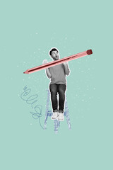 Vertical art creative zine photo collage of happy girl guy sit stool scribble hold pencil doodle...