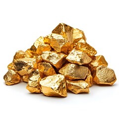 A pile of gleaming gold nuggets isolated on white provides copy space ideal for illustrating concepts related to market crashes, financial security, and precious metal investments