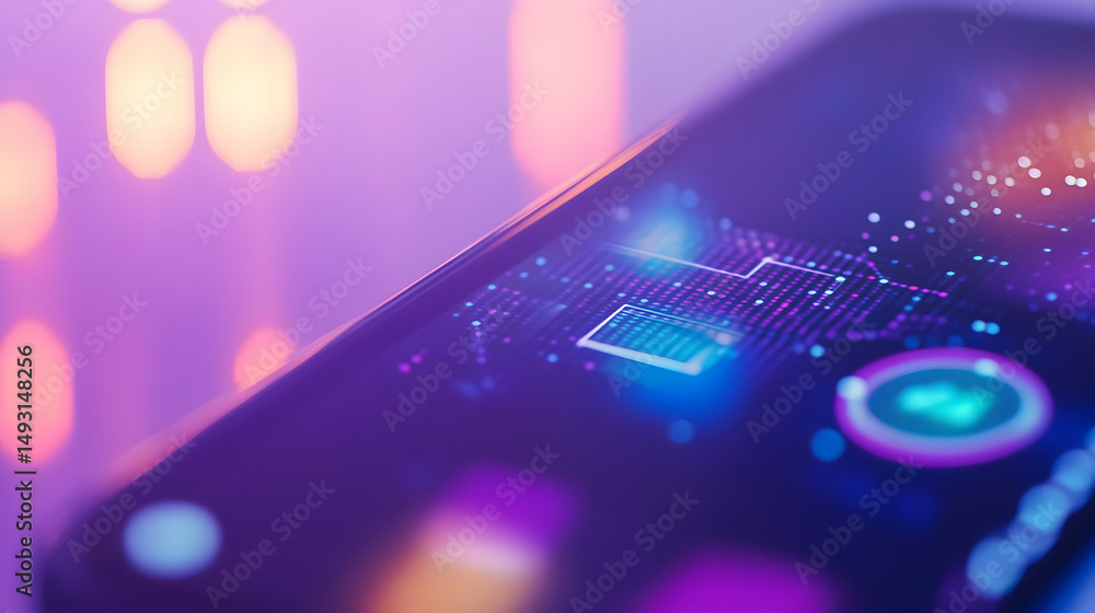 Poster close-up of smartphone screen with vibrant data visualization graphics