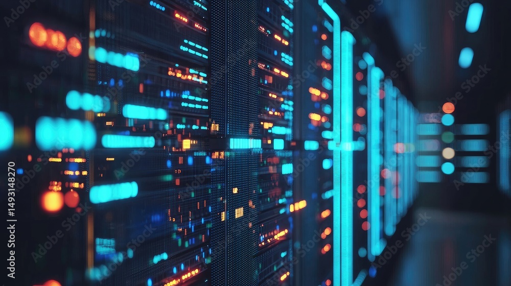 Poster High-detail 3D render of a futuristic data center with glowing blue and orange server indicators, ideal for AI, cloud computing, and advanced network infrastructure themes