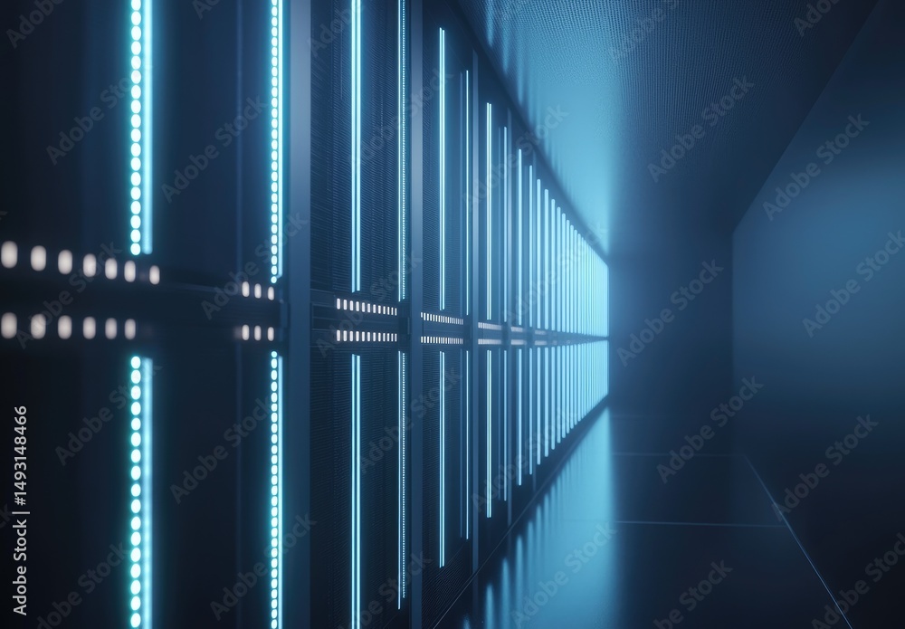 Poster Bright 3D render of a futuristic server room corridor with parallel rows of illuminated blue panels, perfect for cloud computing, cybersecurity, and technology backgrounds