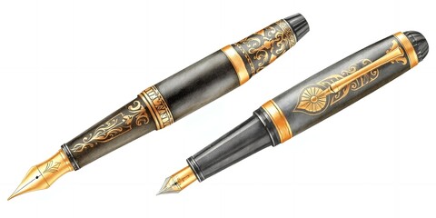 Naklejka premium Elegant Gold and Black Fountain Pens Detailed Close Up Shot Luxury Writing Instruments