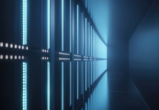 Bright 3D render of a futuristic server room corridor with parallel rows of illuminated blue panels, perfect for cloud computing, cybersecurity, and technology backgrounds