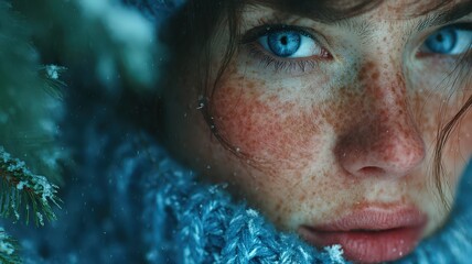 Close-Up Portrait of a Young Finnish Woman with Blue Eyes and Freckles in a Cozy Wool Scarf