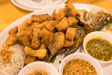 Miang fried tilapia fish and many sauce, is a Thai food