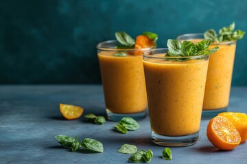 Fototapeta premium Refreshing smoothie drinks featuring tropical ingredients served in clear glasses on a vibrant blue background