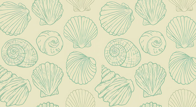 Sea Shells Pattern Elegant Teal and Beige Seashell Illustration, Perfect for Summer Designs, Beach Themed Projects, and Coastal Decor