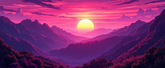 Selbstklebende Fototapeten Anime vibrant purple sunset, majestic mountains, fantastical landscape, background, purple © chonlada