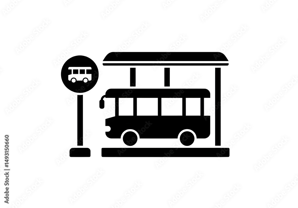 Poster a black and white bus stop icon with a bus under a shelter and a bus stop sign on the side