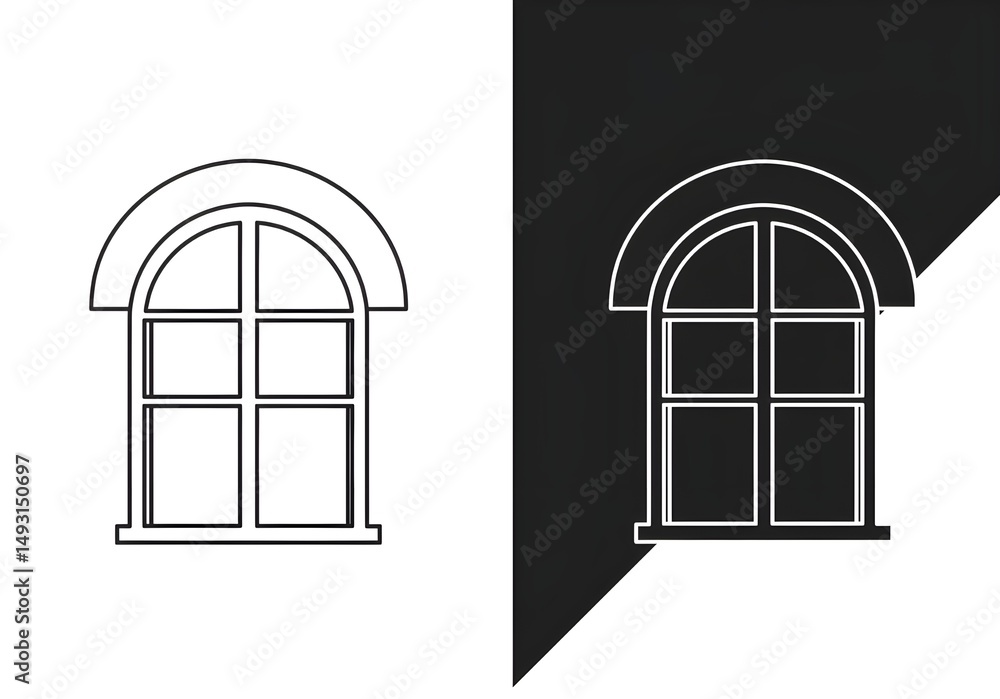 Poster a simple line drawing of an arched window on a black and white divided background design element