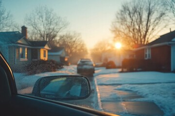 Golden sunrise over suburban street with frosty landscape and parked cars during early morning hours