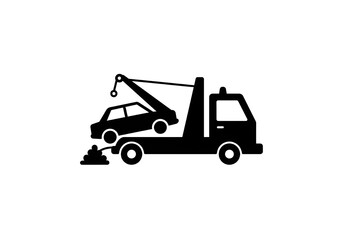 Naklejka premium A black silhouette of a tow truck carrying a car with fluid leaking underneath on a white background