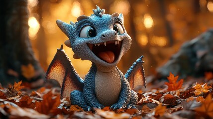 Adorable baby dragon in autumn forest