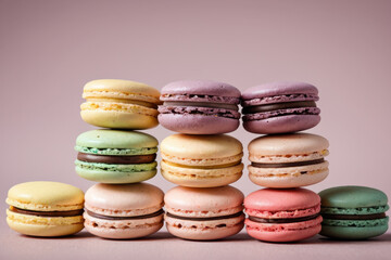 Fototapeta premium A colorful display of stacked macarons, perfect for showcasing in a bakery or cafe