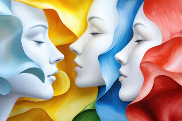 Abstract human faces painted in vibrant colors, showcasing emotions and expressions through artistic design