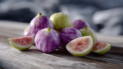 Fresh figs, some sliced, arranged on a wooden surface. Vibrant colors and detail
