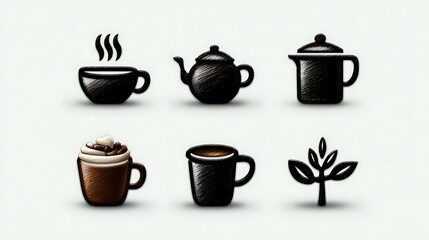 A clean vector set of coffee and tea line icons, including cups, teapots, mugs, coffee beans, and steam symbols, 64x64 pixel perfect with editable strokes on a plain white background.