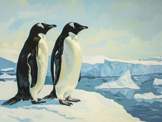 Fototapeta premium An impasto painting of emperor penguins standing on ice in a cold, Antarctic landscape with icebergs and a textured sky.