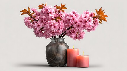 A clear glass vase filled with delicate cherry blossoms in full bloom, arranged beside two pink candles on a clean white background.